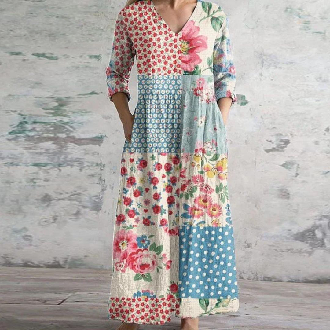 Polly | Retro Maxi Dress With Multi-Coloured Floral Patterns