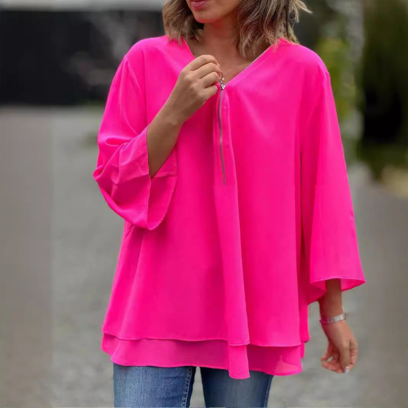 Bree™ | Elegant Chiffon Zipper Blouse With V-neck