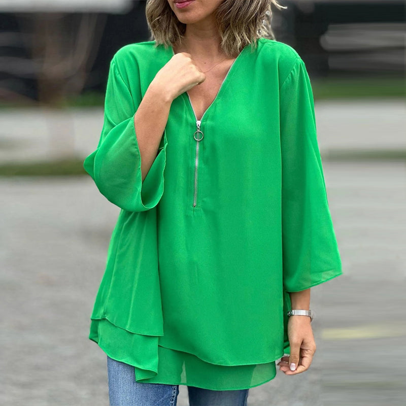 Bree™ | Elegant Chiffon Zipper Blouse With V-neck