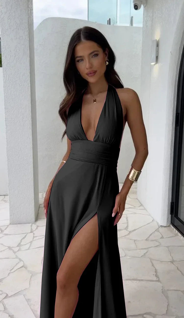 Rosy | Sexy Deep V-Neck Split Solid Colour Dress