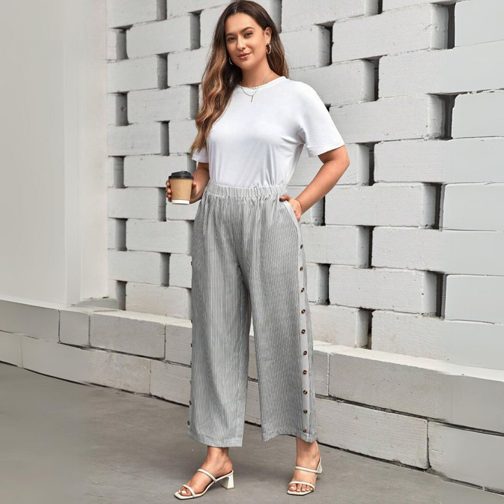 Louise | Elegant Striped Trousers with Side Buttons