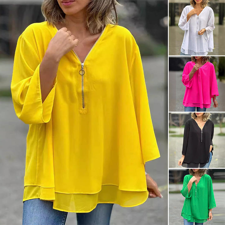 Bree™ | Elegant Chiffon Zipper Blouse With V-neck