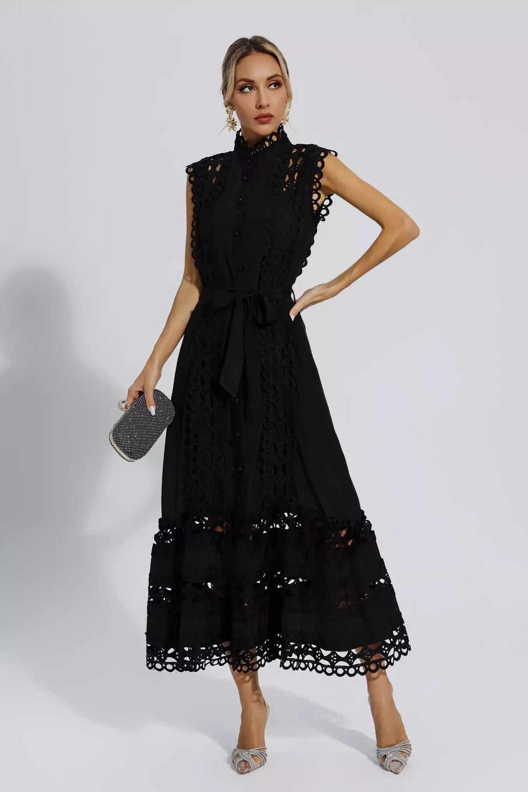 Ines | Black High-End Sleeveless Hollow Maxi Dress