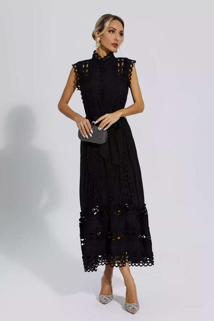 Ines | Black High-End Sleeveless Hollow Maxi Dress